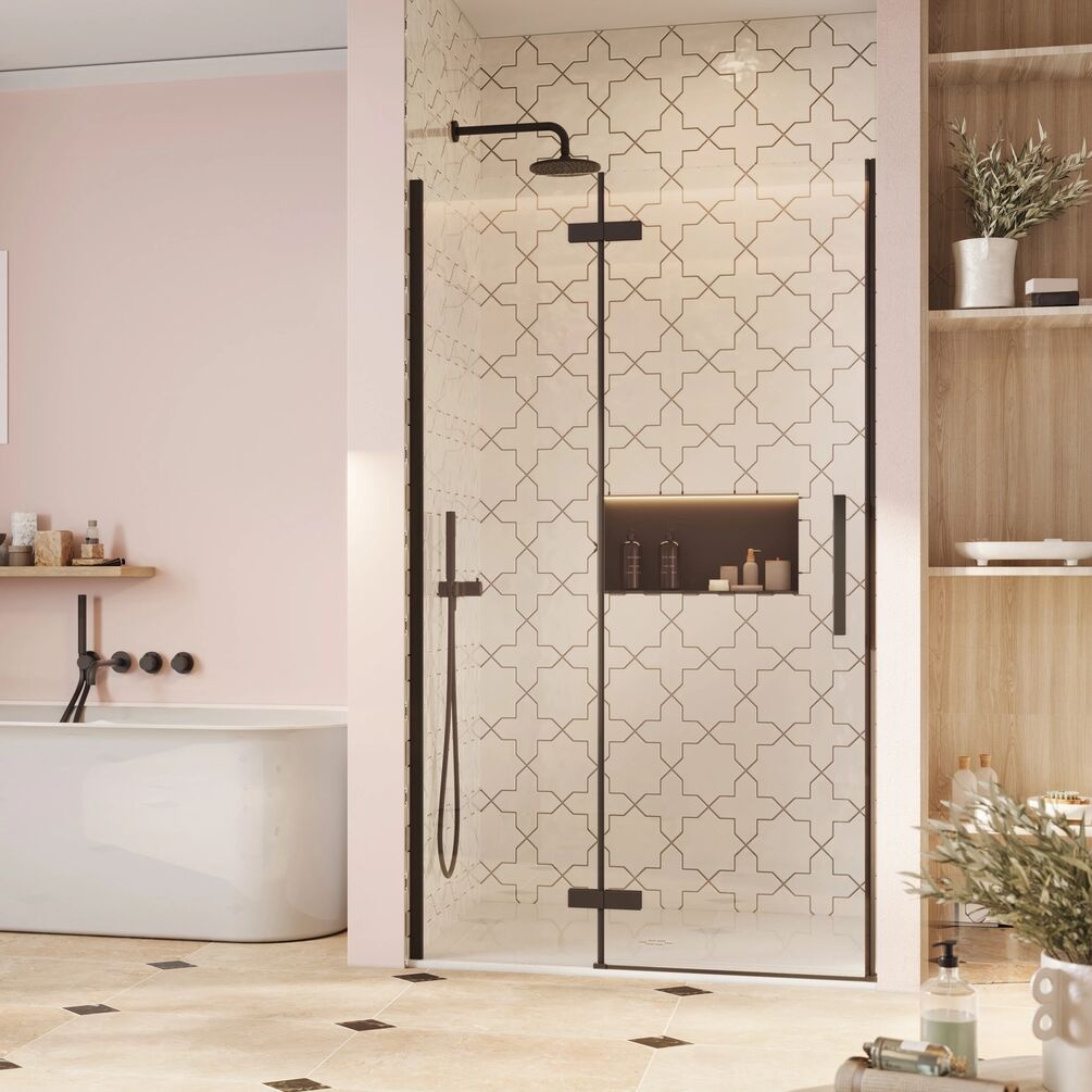 Lifestyle image of Crosswater Asura 8 Matt Black 1700mm Hinged Shower Door & Inline Panel